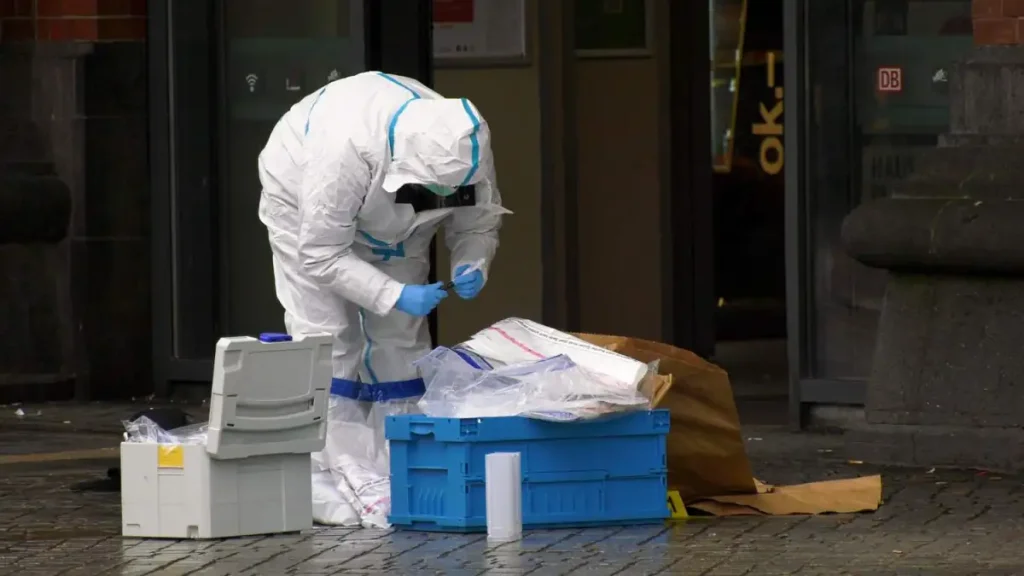 Der Polizist schießt mit einem Messer auf den Angreifer