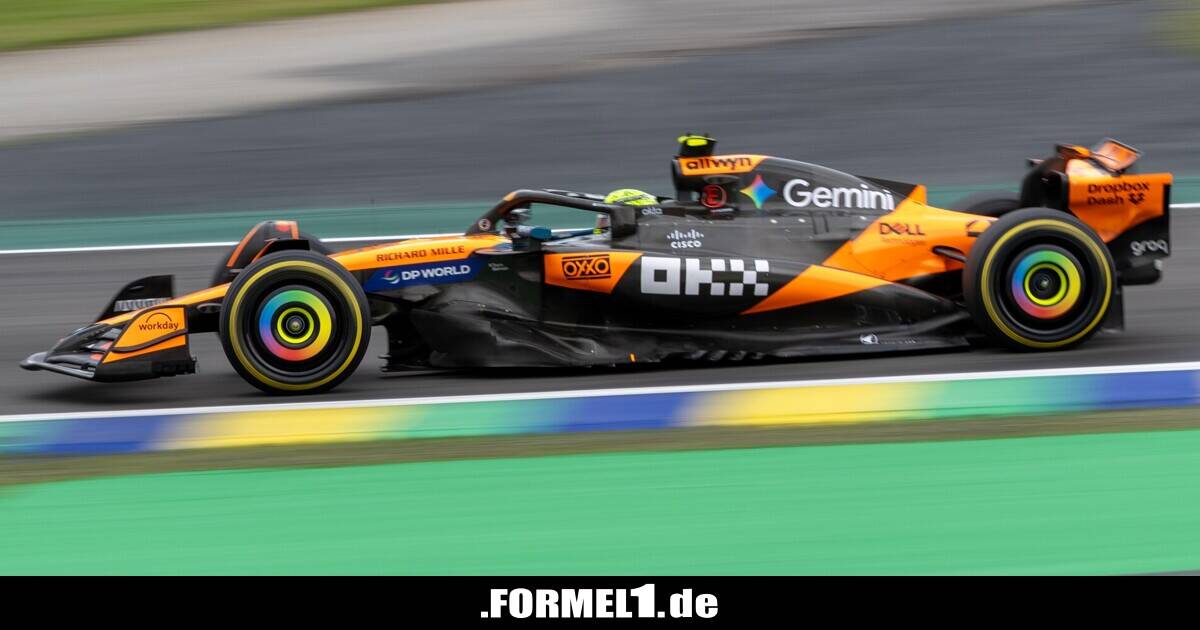 Lando Norris mit einer Hand auf dem WM-Pokal