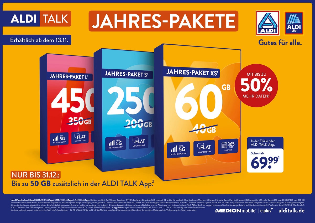 ALDI TALK stockt seine Jahrespakete deutlich auf: Das ist drin