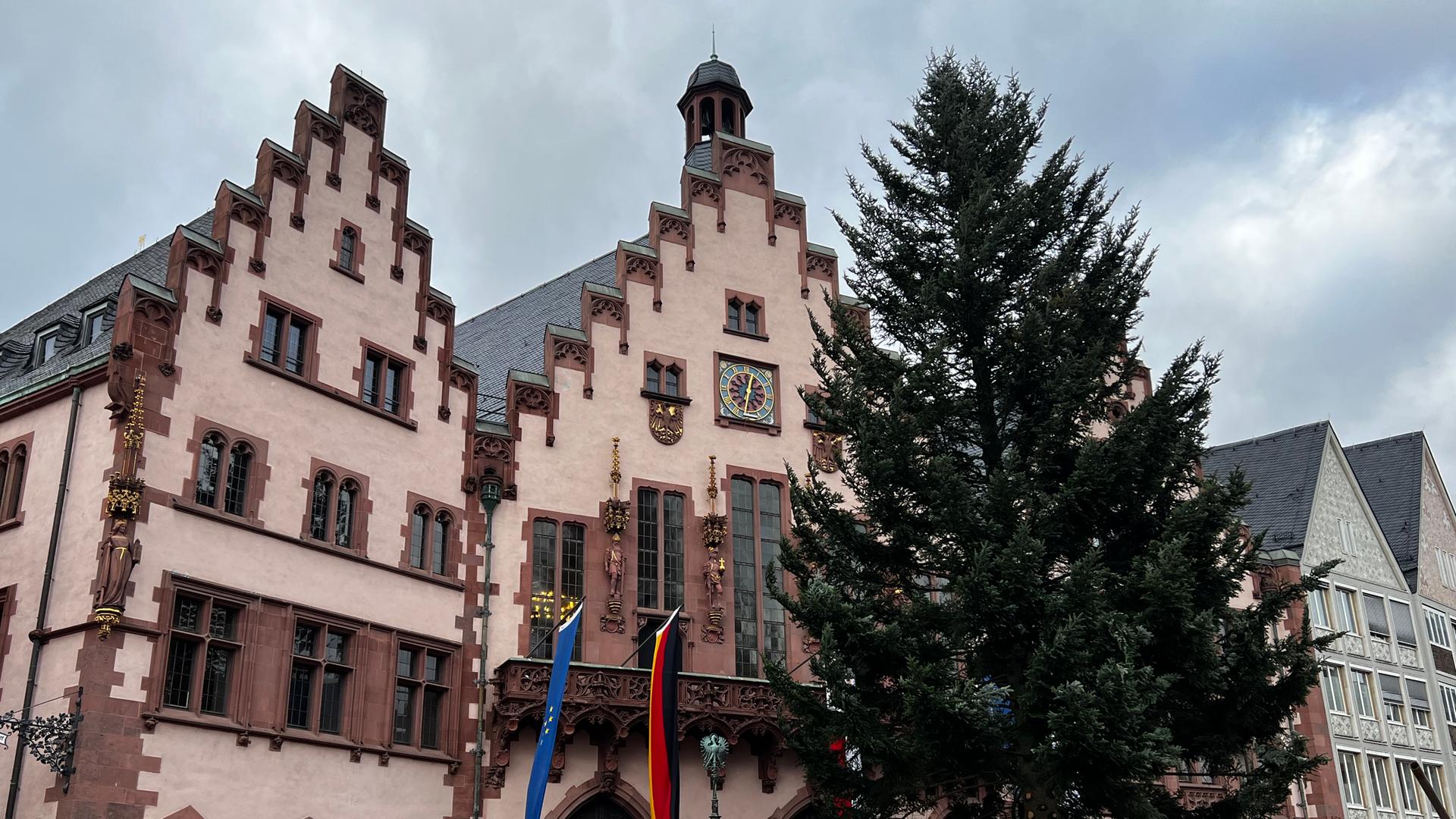 Frankfurt: Weihnachtsbaum „Frau Holle“ am Römerberg aufgestellt | hessenschau.de